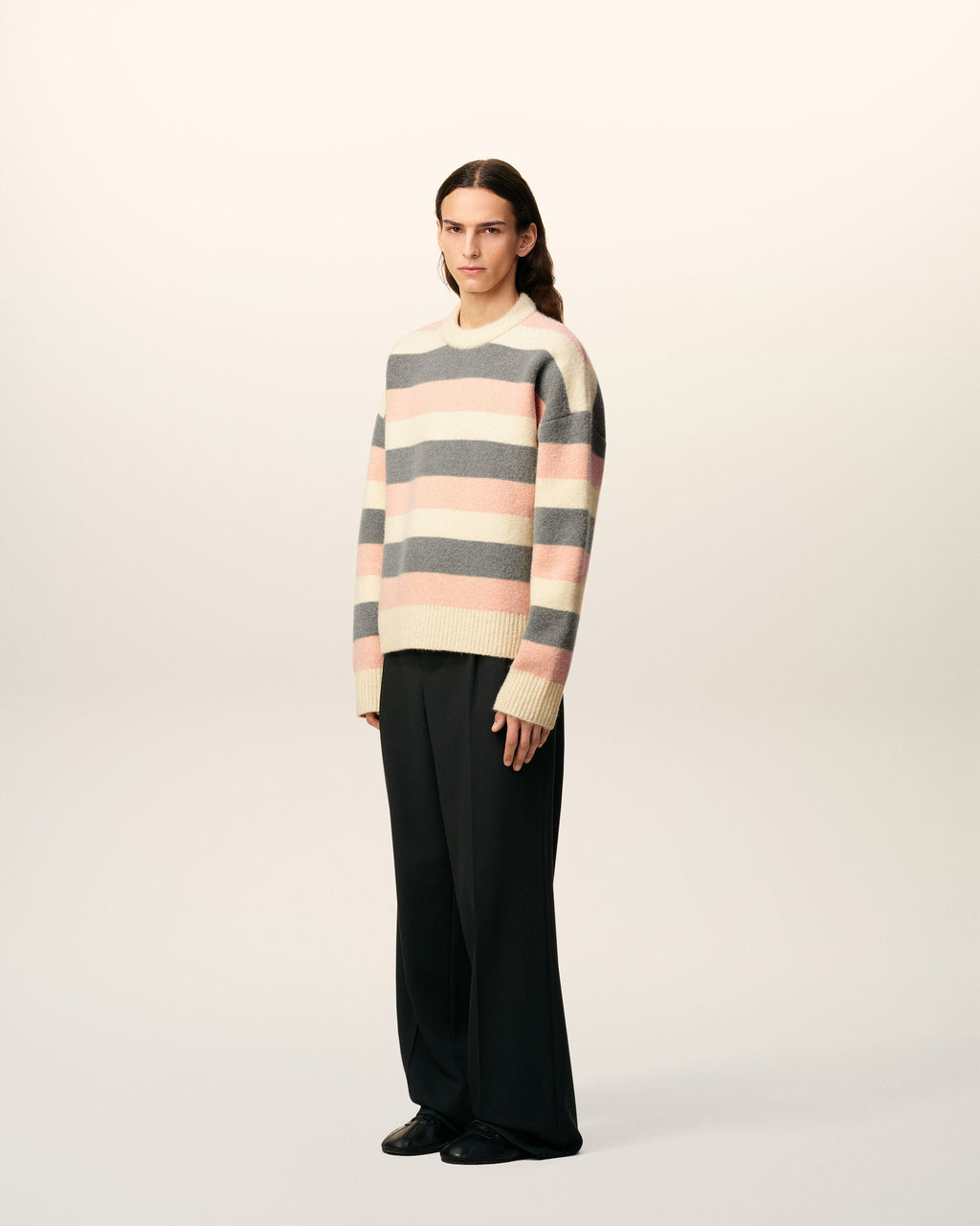 Pull Gris Rayé Col Rond En Alpaga