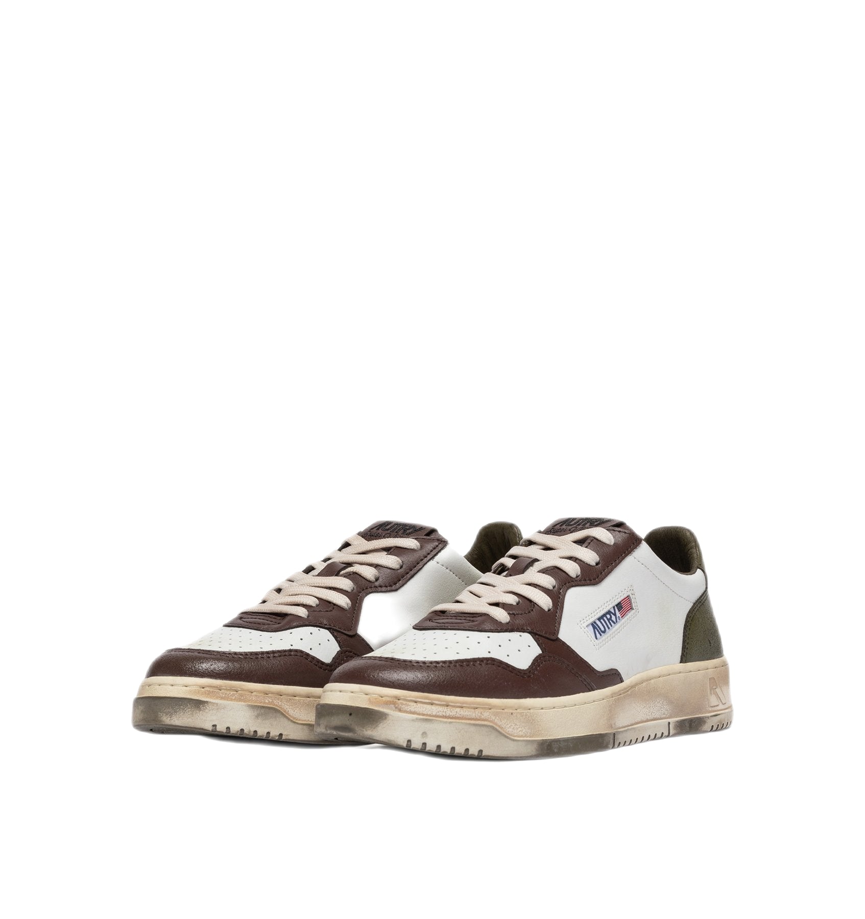 AUTRY - Basket basse Medalist Vintage cuir blanc / marron / kaki