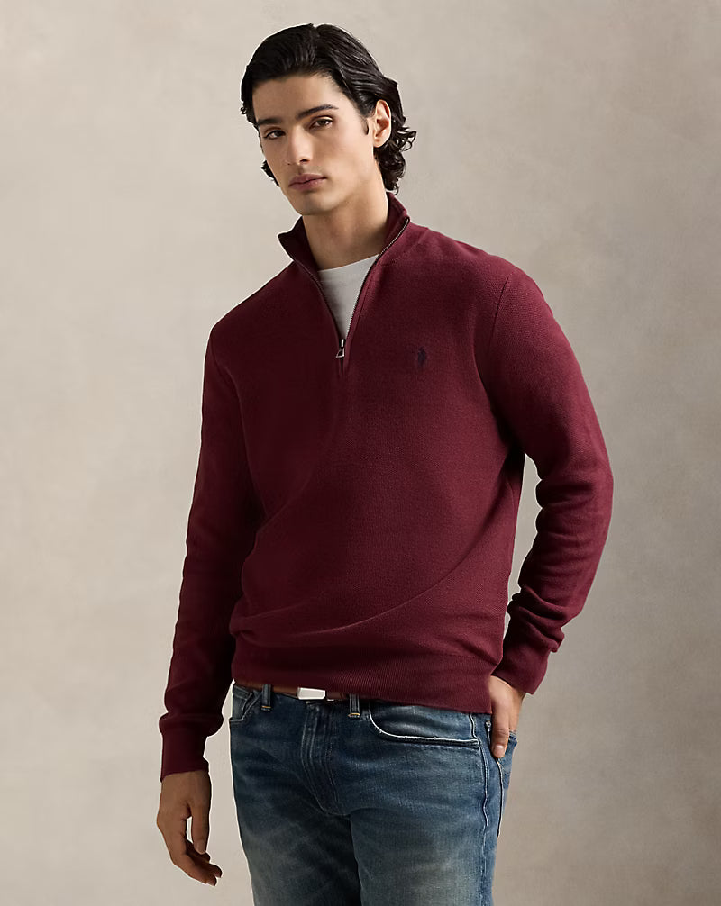 Pull demi-zippé en coton piqué