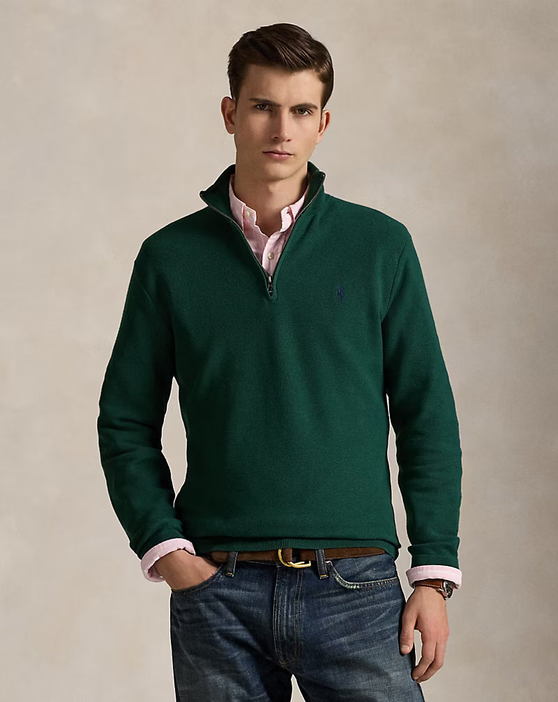 Pull demi-zippé en coton piqué