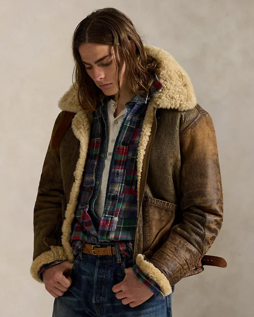 Bomber en peau lainée et cuir