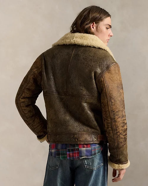 Bomber en peau lainée et cuir